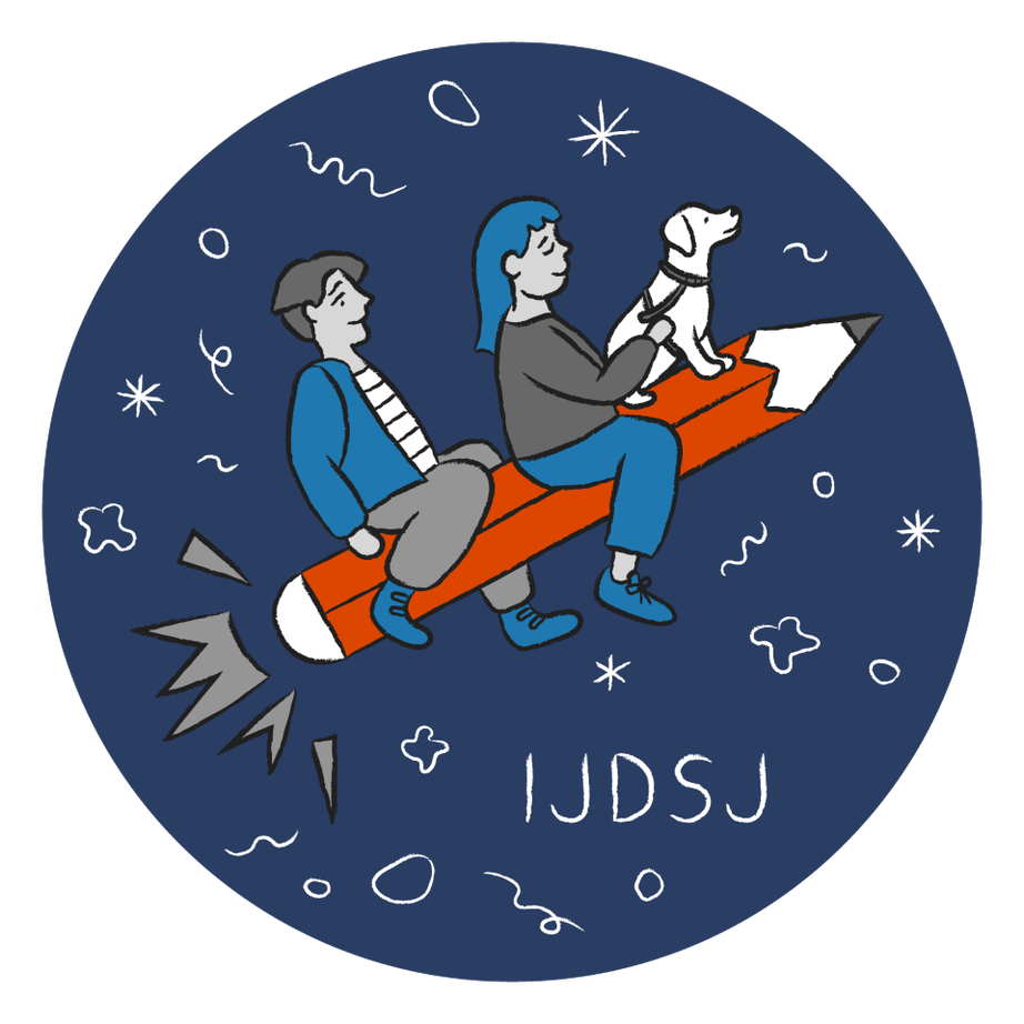 This is the IJDSJ Logo: two characters and a guide-dog ride a pencil-shaped rocket into space